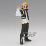 Vue 3/4 de face à mi-distance de la figurine de Denki Kaminari de My Hero Academia en veste noire et blanche avec motifs éclairs, portant des lunettes bleues, main levée pointant vers le haut.