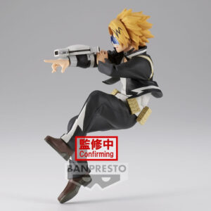 Vue de profil à mi-distance de la figurine de Denki Kaminari de My Hero Academia en costume noir avec motif en zigzag blanc, tenant un dispositif d'attaque dans la main droite.