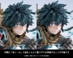 my-hero-academia-figurine-izuku-midoriya-dark-deku-ver-artfxj-kotobukiya_4 Vue 3/4 de face en gros plan de la figurine d'Izuku Midoriya (Dark Deku) de My Hero Academia en tenue rugueuse, avec des éléments translucides autour.