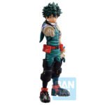 Vue 3/4 de face à mi-distance de la figurine d'Izuku Midoriya de My Hero Academia en combinaison teal avec protège-genoux noirs et dorés, poing tendu.