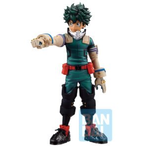 Vue 3/4 de face à mi-distance de la figurine Figma d'Izuku Midoriya de My Hero Academia en uniforme de héros vert, avec gants sans doigts.