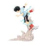 Vue 3/4 de face à mi-distance de la figurine de Izuku Midoriya de My Hero Academia en tenue d'athlétisme, avec des effets de foudre.