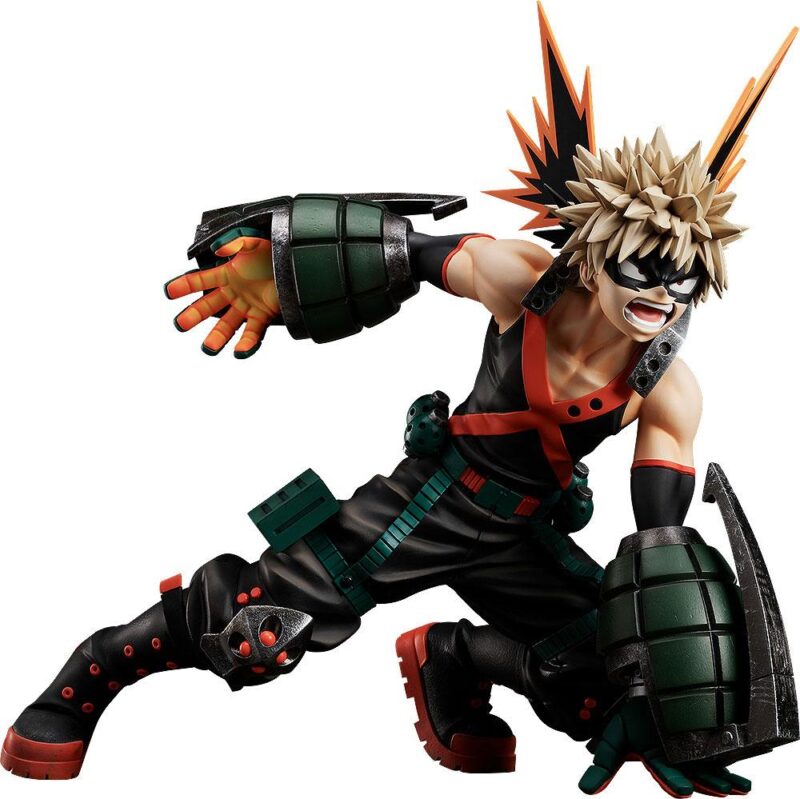Vue 3/4 de face à mi-distance de la figurine de Katsuki Bakugo de My Hero Academia en costume de héros noir et rouge, avec des gantelets explosifs.
