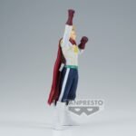 Vue de profil en plan complet de la figurine de Mirio Togata de My Hero Academia en costume de héros, cape rouge flottante.