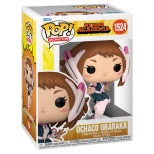 Vue de face en plan complet de la Funko Pop! d'Ochaco Uraraka de My Hero Academia en uniforme de héros, avec écouteurs visibles.
