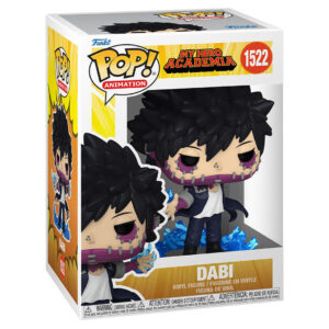 Vue 3/4 de face à mi-distance de la figurine Funko Pop de Dabi de My Hero Academia, vêtu d'une tenue sombre avec un effet de flamme bleue dans la main.