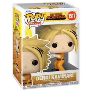 Vue 3/4 de face à mi-distance de la Funko Pop! de Denki Kaminari de My Hero Academia en costume de héros, avec une expression déterminée.