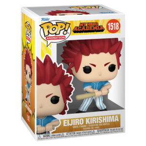 Vue de face en gros plan de la Funko Pop! d'Eijiro Kirishima de My Hero Academia en uniforme de baseball, tenant une batte.
