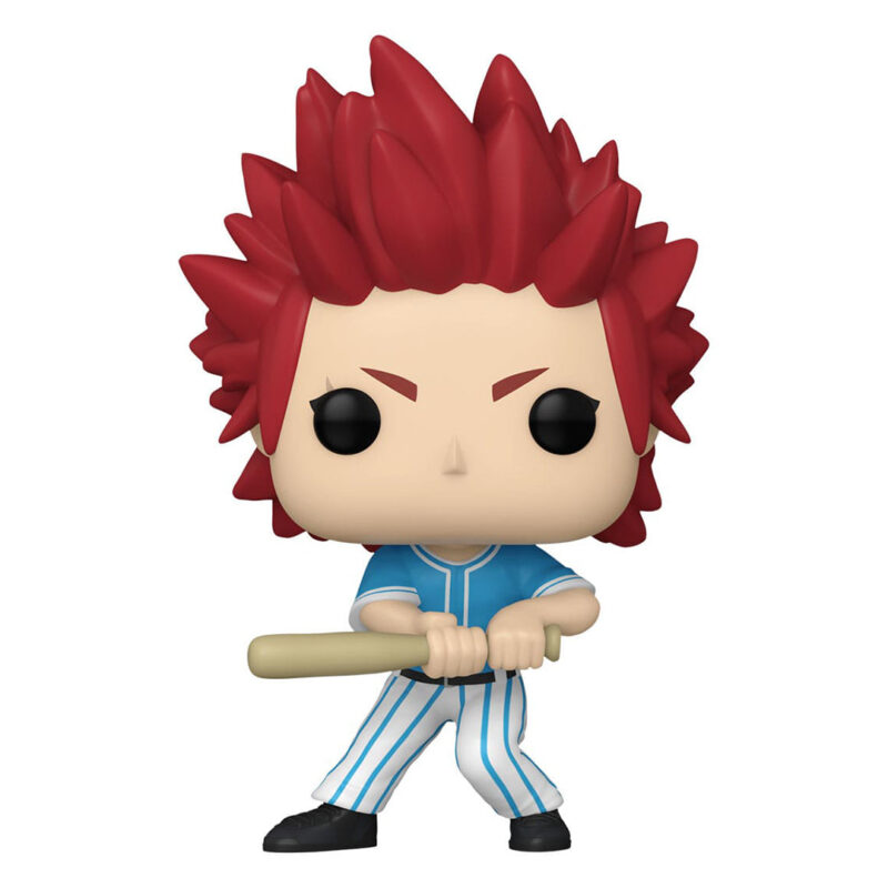 Vue 3/4 de face à mi-distance de la Funko Pop! d'Eijiro Kirishima de My Hero Academia en uniforme de baseball bleu avec rayures blanches, tenant une batte.