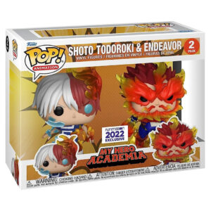 Vue 3/4 de face à mi-distance des figurines Funko Pop! de Shoto Todoroki et Endeavor de My Hero Academia en tenues de héros, sans accessoires.