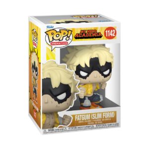 Vue de face à mi-distance de la Funko Pop! de Fatgum (Slim Form) de My Hero Academia en veste jaune, pantalon bleu, posture confiante.
