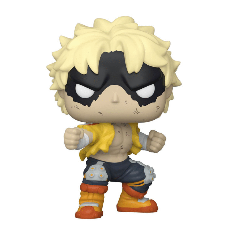 Vue 3/4 de face à mi-distance de la figurine Funko Pop de Fat Gum (Slim Form) de My Hero Academia en veste jaune et shorts marins, avec muscles exposés.