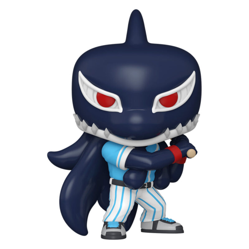 Vue 3/4 de face à mi-distance de la Funko Pop! de Gang Orca de My Hero Academia en maillot rayé bleu et blanc, tenant une batte de baseball.
