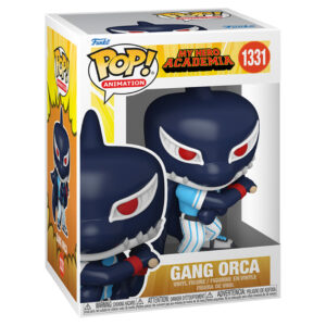 Vue de face en gros plan de la Funko Pop! de Gang Orca de My Hero Academia en costume rayé bleu et blanc, tenant un batte de baseball rouge.