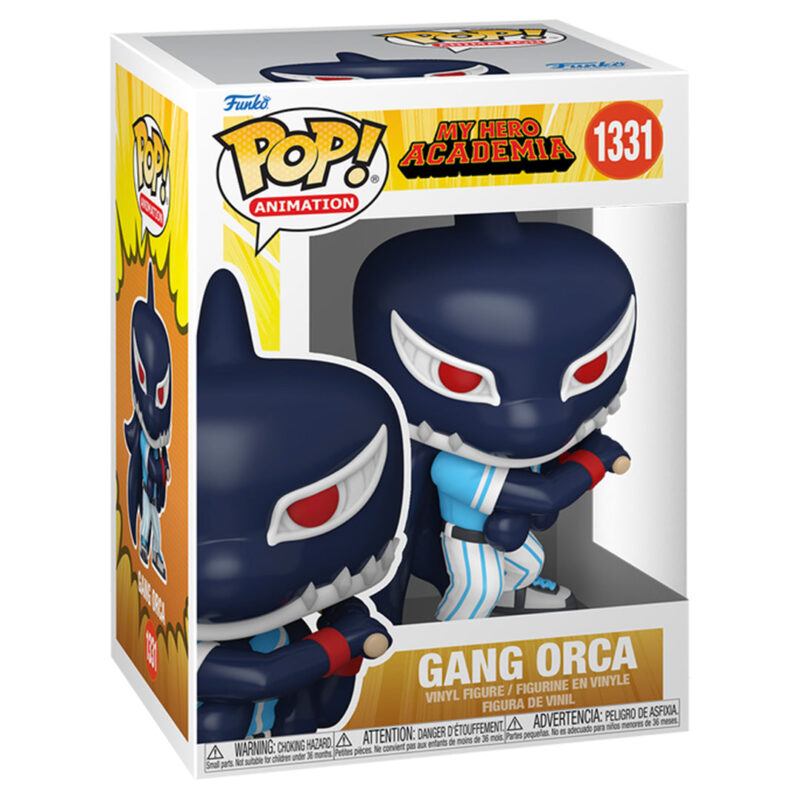 Vue de face en gros plan de la Funko Pop! de Gang Orca de My Hero Academia en costume rayé bleu et blanc, tenant un batte de baseball rouge.