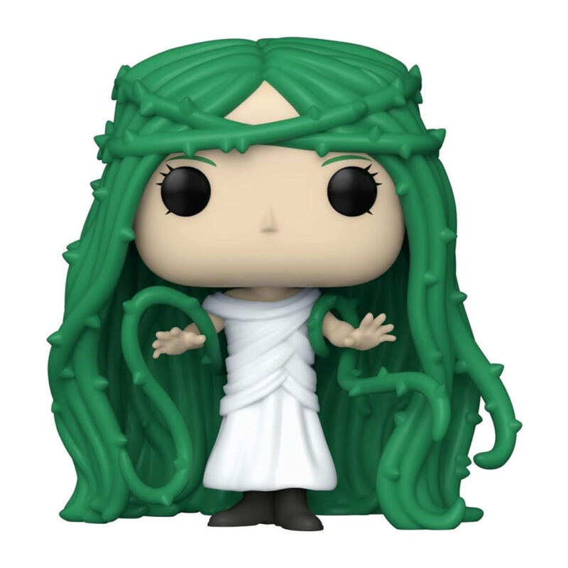 Vue 3/4 de face à mi-distance de la Funko Pop! d'Ibara Shiozaki de My Hero Academia en robe blanche, cheveux verts en forme de vignes.