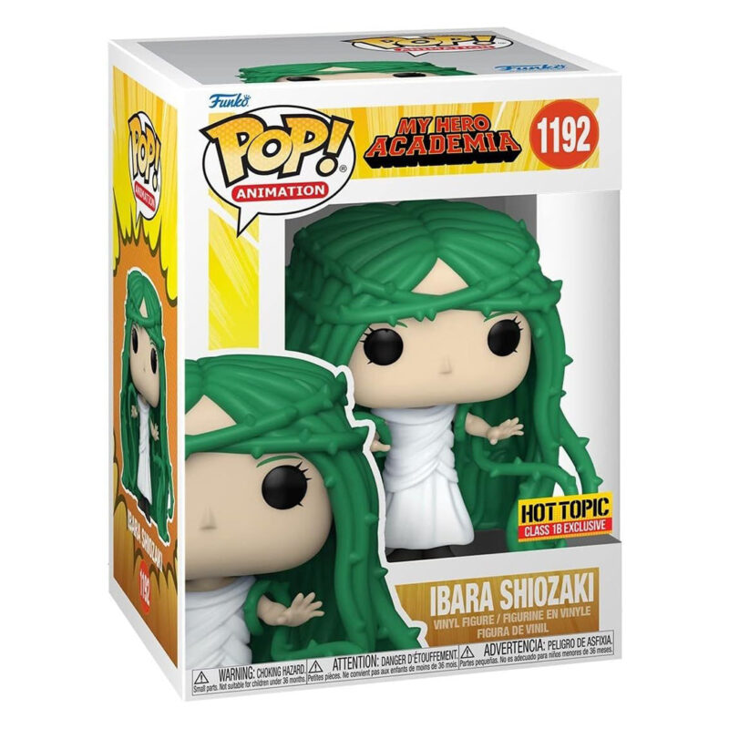 Vue 3/4 de face à mi-distance de la figurine Funko Pop d'Ibara Shiozaki de My Hero Academia en robe blanche, cheveux verts ressemblant à des vignes.