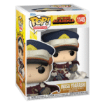 Vue diagonale à mi-distance de la Funko Pop! d'Inasa Yoarashi de My Hero Academia en uniforme militaire, tenant une cape.