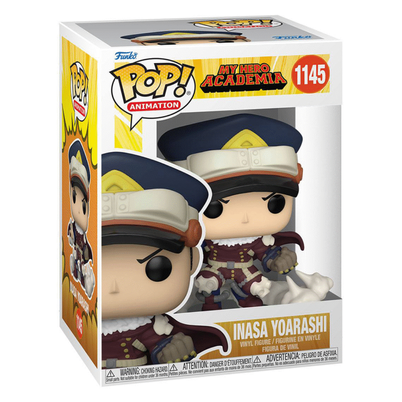 Vue diagonale à mi-distance de la Funko Pop! d'Inasa Yoarashi de My Hero Academia en uniforme militaire, tenant une cape.