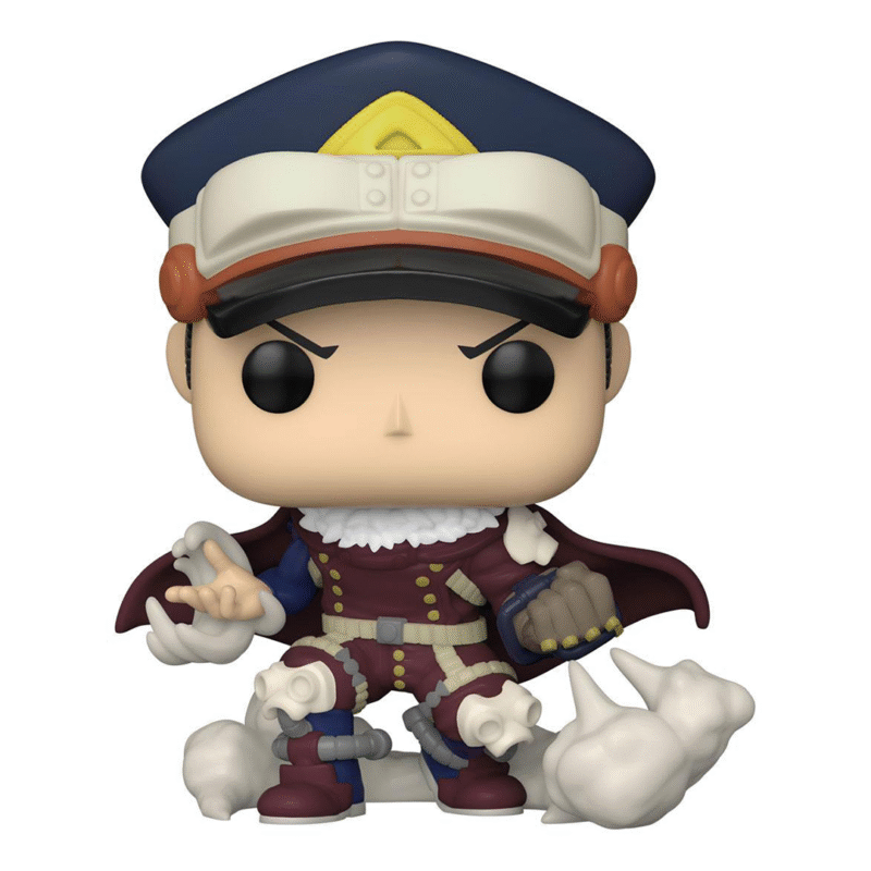 Vue de face avec plan rapproché moyen de la Funko Pop! d'Inasa Yoarashi de My Hero Academia en uniforme maroon avec trim blanc, tenant des formations nuageuses.