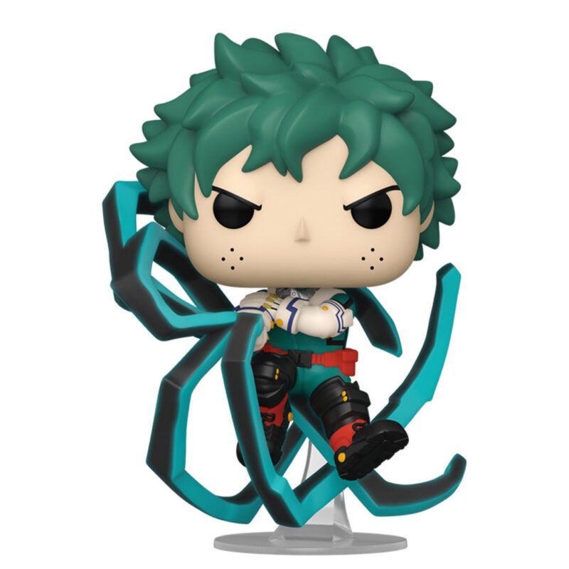my-hero-academia-figurine-pop-izuku-midoriya-1347_1 Vue de face à mi-distance de la Funko Pop! d'Izuku Midoriya de My Hero Academia en costume de héros, entouré d'effets d'énergie verte.