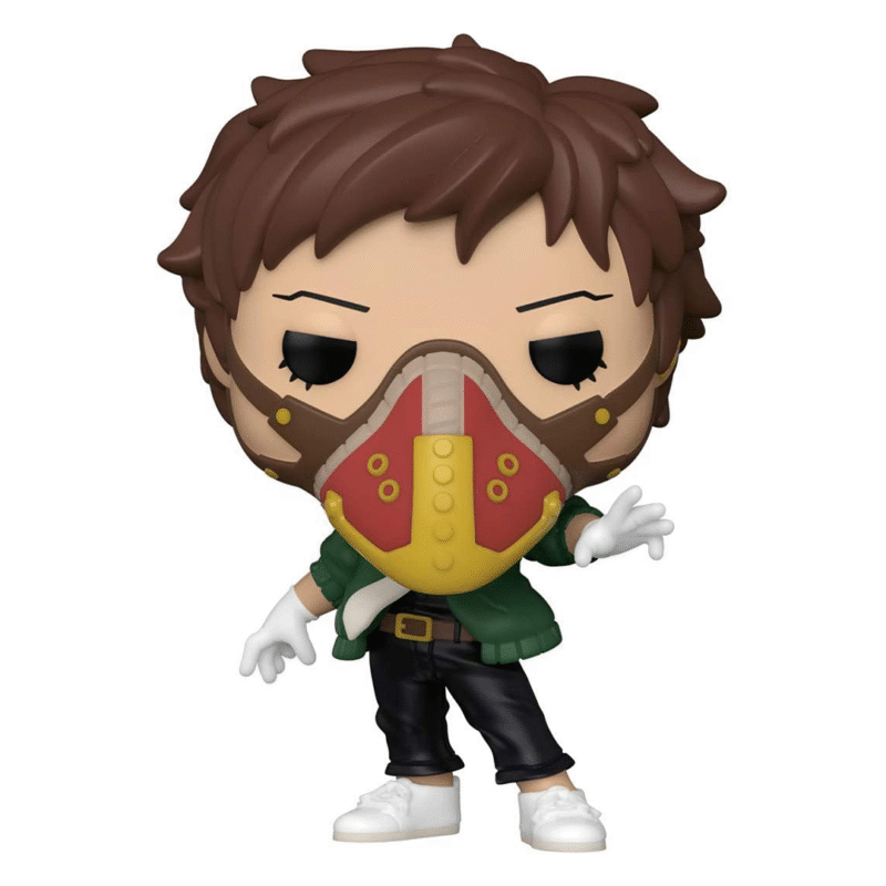 Vue de face à mi-distance de la figurine Funko Pop de Kai Chisaki (Overhaul) de My Hero Academia en veste verte, portant un masque rouge et jaune.