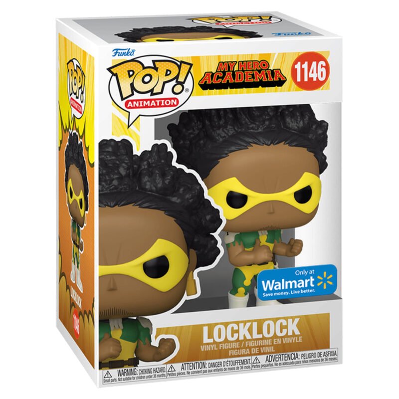 Vue de face à pleine distance de la Funko Pop! de Locklock de My Hero Academia en veste verte avec gants jaunes, portant un masque stylisé.