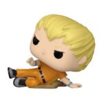Vue 3/4 de face à mi-distance de la figurine Funko Pop de Mashirao Ojiro de My Hero Academia en combinaison orange, avec cheveux jaunes.