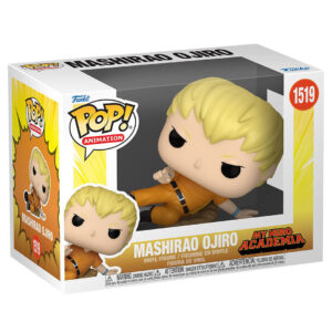 Vue de face en gros plan de la Funko Pop! de Mashirao Ojiro de My Hero Academia en combinaison orange, avec des détails noirs.