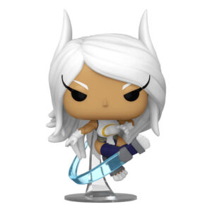 Vue 3/4 de face à mi-distance de la Funko Pop! de Mirko de My Hero Academia en costume de héros, tenant un accessoire circulaire.