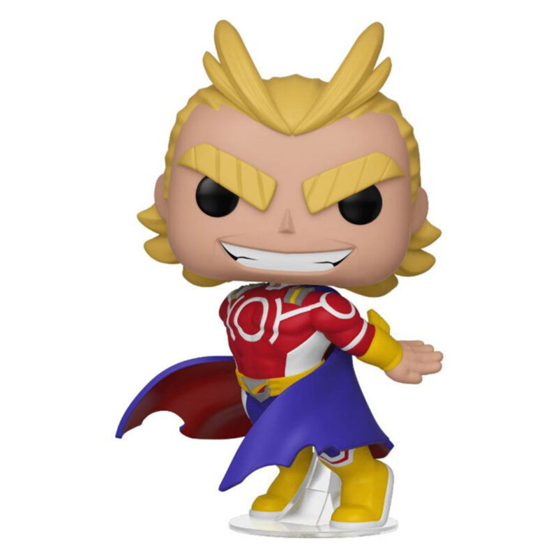 Vue 3/4 de face à mi-distance de la figurine Funko Pop d'All Might (Silver Age) de My Hero Academia en costume rouge et bleu avec une cape, souriant.