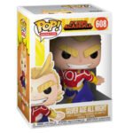 Vue 3/4 de face à distance totale de la Funko Pop! d'All Might (Silver Age) de My Hero Academia en costume coloré, affichant un sourire confiant.