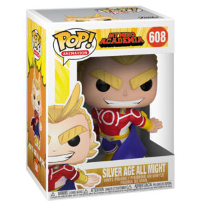 Vue 3/4 de face à distance totale de la Funko Pop! d'All Might (Silver Age) de My Hero Academia en costume coloré, affichant un sourire confiant.