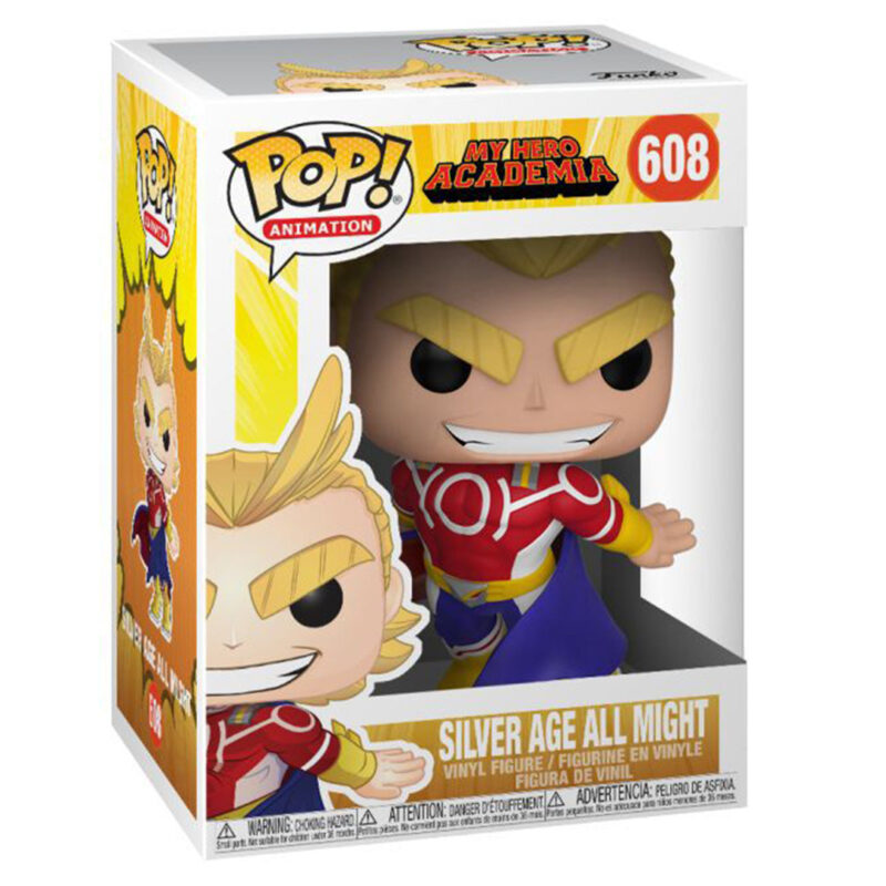 Vue 3/4 de face à distance totale de la Funko Pop! d'All Might (Silver Age) de My Hero Academia en costume coloré, affichant un sourire confiant.
