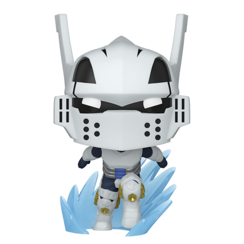 Vue de face à mi-distance de la Funko Pop! de Tenya Iida de My Hero Academia en costume de héros futuriste, avec un casque et des appendices moteurs.