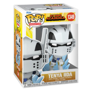 Vue de face à mi-distance de la Funko Pop! de Tenya Iida de My Hero Academia en costume de héros, avec casque et moteurs sur les jambes.