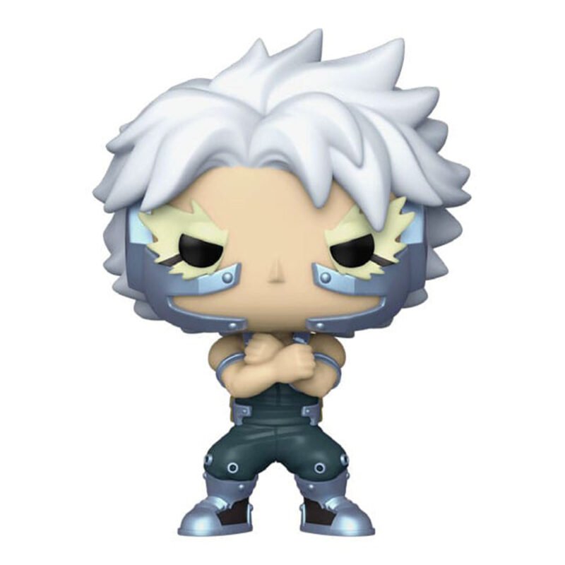 Vue de face en plan entier de la Funko Pop! de Tetsutetsu Tetsutetsu de My Hero Academia en tenue sans manches, avec bras croisés et accents métalliques.