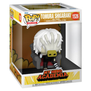 Vue 3/4 de face à mi-distance de la Funko Pop! Deluxe de Tomura Shigaraki de My Hero Academia en tenue noire avec rayures blanches, assis sur un trône, main couvrant son visage.