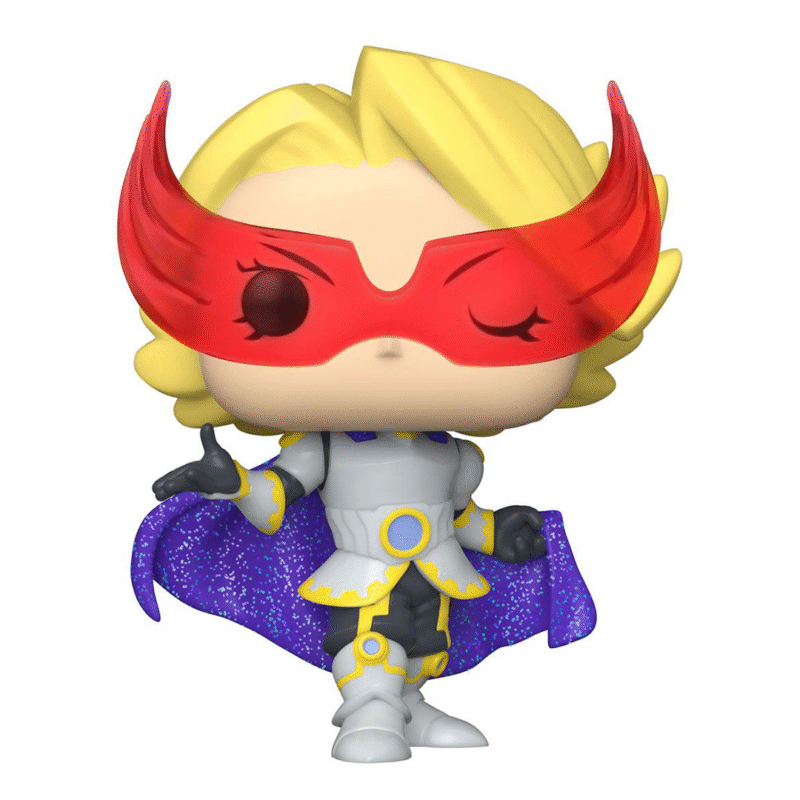 Vue 3/4 de face à mi-distance de la Funko Pop de Yuga Aoyama de My Hero Academia en costume de héros gris avec accents dorés et bleus, portant un masque rouge.