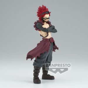 Vue 3/4 de face à mi-distance de la figurine de Katsuki Bakugo de My Hero Academia en veste sans manches, avec des lunettes et un ceinturon.