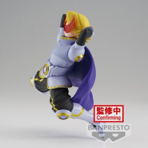 Vue 3/4 de face à mi-distance de la figurine de Yuga Aoyama de My Hero Academia en costume de héros, avec une cape violette.