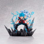 Vue 3/4 de face à pleine distance de la figurine d'Izuku Midoriya et Eri de My Hero Academia en costumes de héros, avec des effets d'énergie.