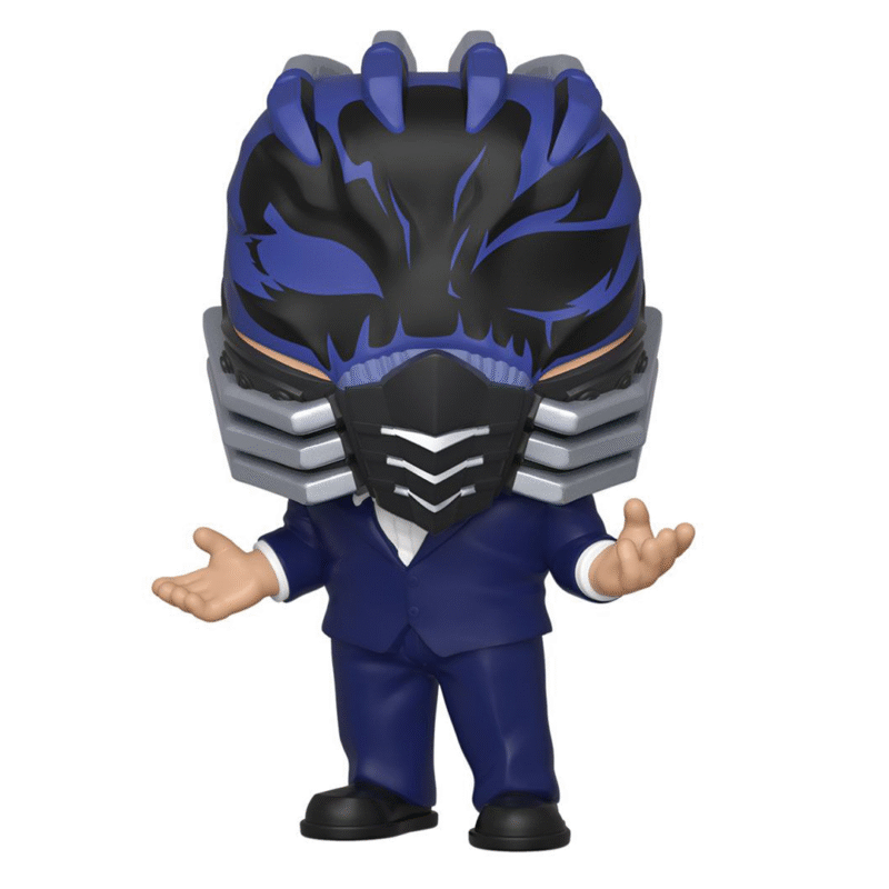 Vue de face à mi-distance de la Funko Pop! d'All For One de My Hero Academia en costume bleu, avec une tête masquée.