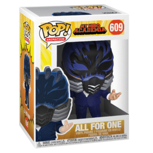 Vue 3/4 de face à mi-distance de la Funko Pop! d'All For One de My Hero Academia en costume sombre, tenant une main légèrement étendue.