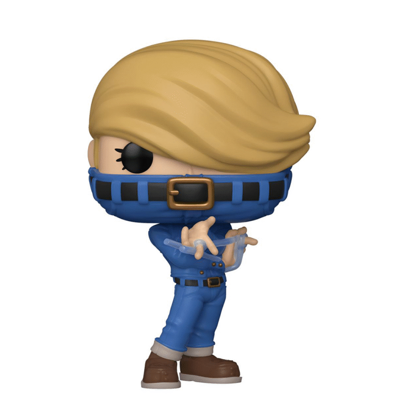 Vue 3/4 de face à distance complète de la figurine Funko Pop de Best Jeanist de My Hero Academia en tenue bleue avec un col large.
