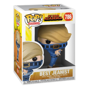 Vue 3/4 de face à mi-distance de la Funko Pop! de Best Jeanist de My Hero Academia, en tenue bleue, main tendue.