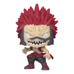 Vue de face en gros plan de la Funko Pop! d'Eijiro Kirishima de My Hero Academia en tenue déchirée rouge et noire, avec cheveux rouges épineux.
