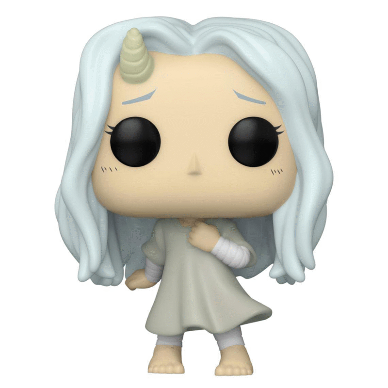 Vue de face en gros plan de la figurine Funko Pop d'Eri de My Hero Academia, portant une robe légère avec des manches blanches, avec une corne en spirale sur la tête.
