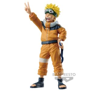 Figurine de Naruto Uzumaki en PVC mesurant 16 cm, avec une expression joyeuse et dynamique, effectuant le signe V.