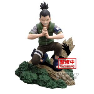 Figurine de Shikamaru Nara en posture accroupie utilisant sa technique de Manipulation des Ombres, fabriquée par Banpresto.